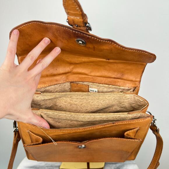 Vintage FORCE TEN Classic Tan Saddle Genuine Leather Satchel Crossbody Bag Purse - Picture 7 of 16